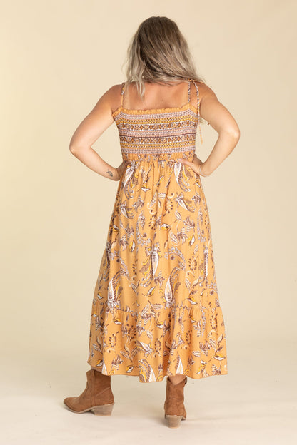 Copper Tie Shoulder Maxi Smocked Dress
