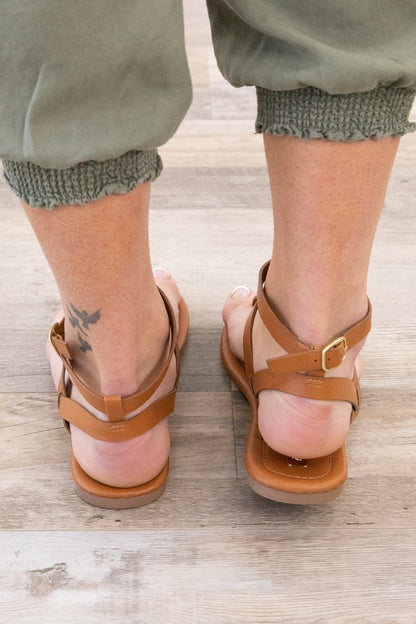 Camel Strappy Ankle Buckle Sandals