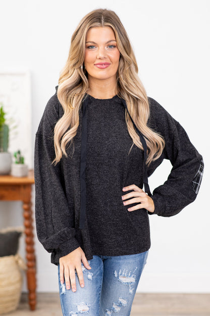 Charcoal Hooded Top With Plaid Back