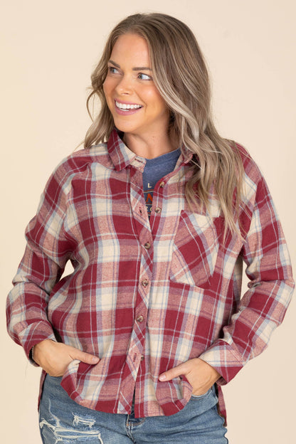 Burgundy Plaid Button Up Woven Top