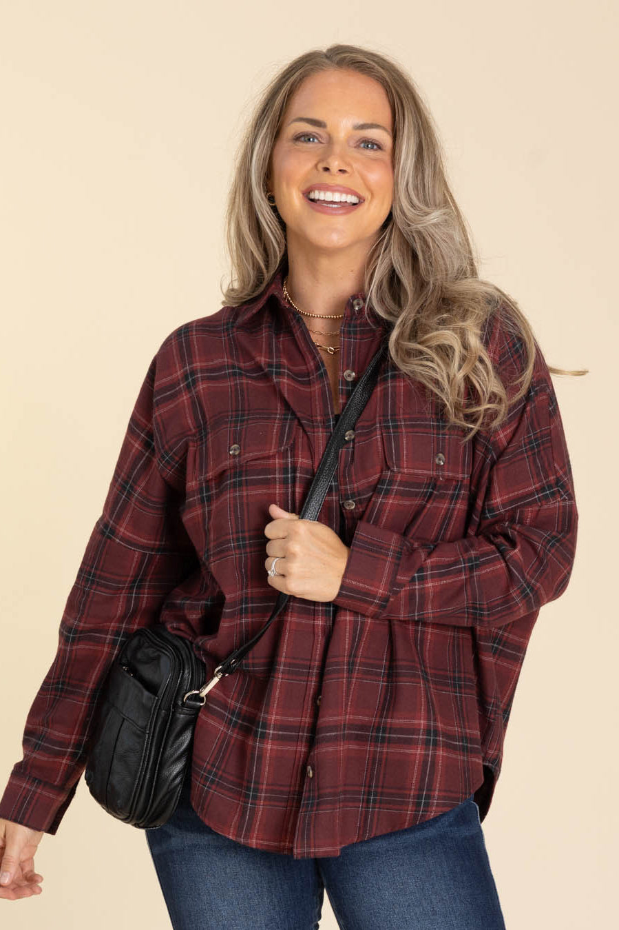 Burgundy Soft Brushed Plaid Woven Button Up