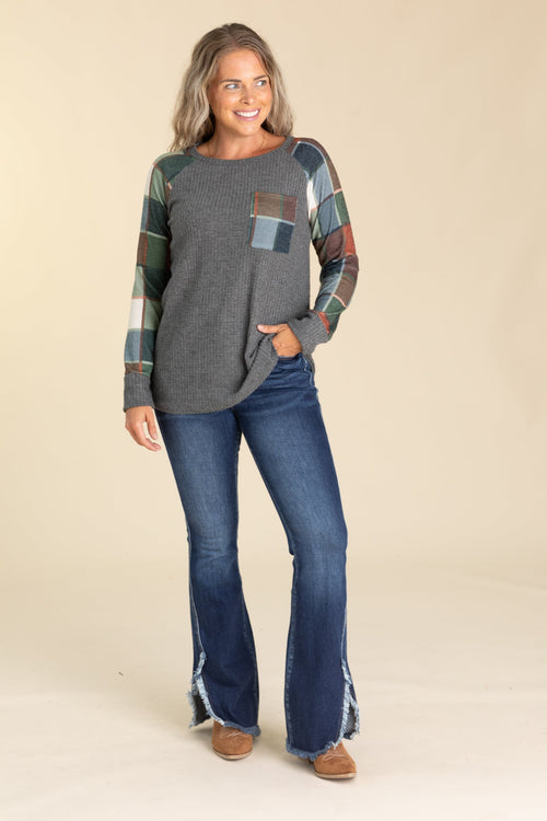 Charcoal Waffle And Plaid Knit Top With Pocket