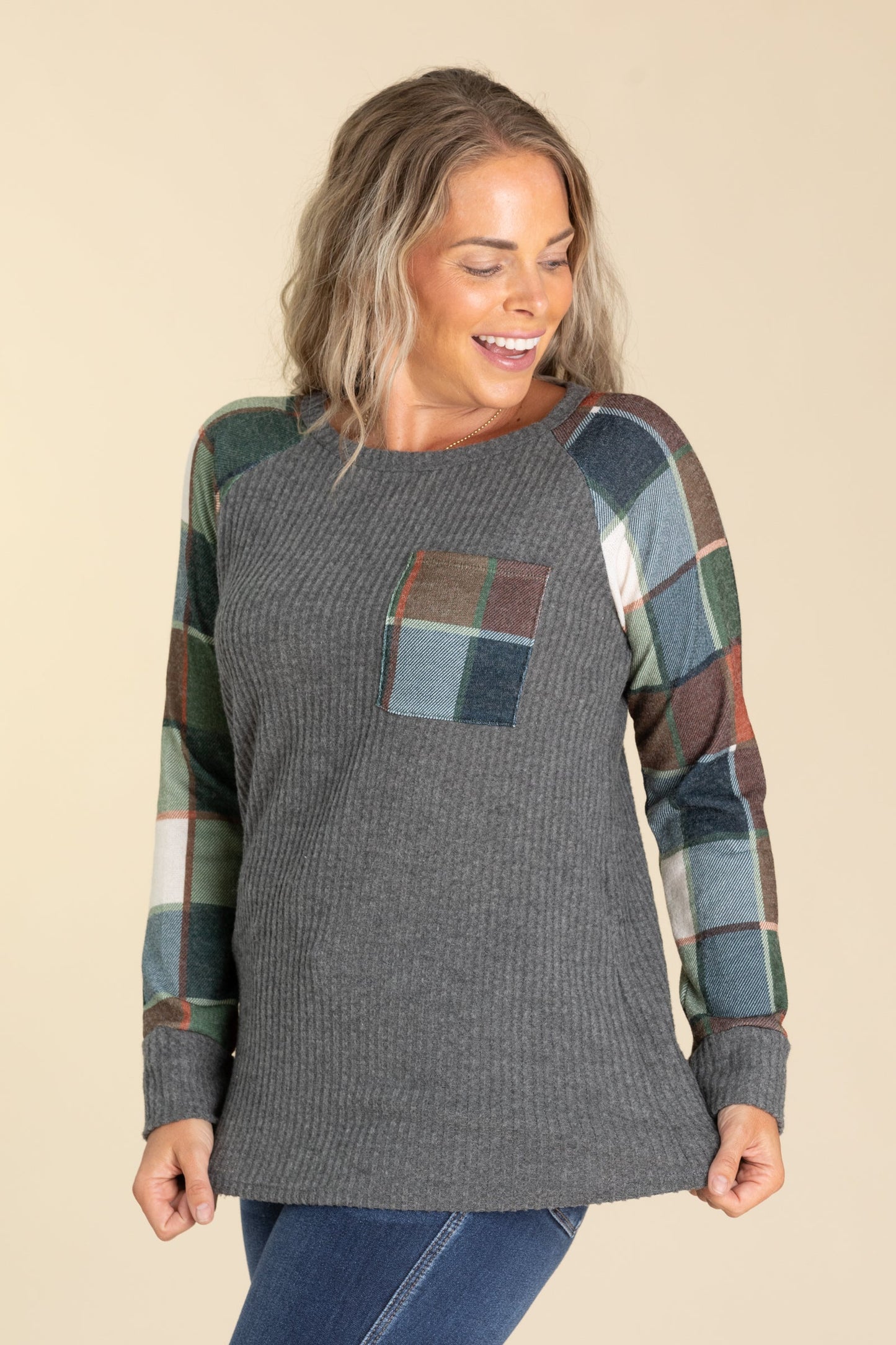 Charcoal Waffle And Plaid Knit Top With Pocket