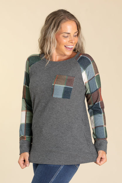 Charcoal Waffle And Plaid Knit Top With Pocket