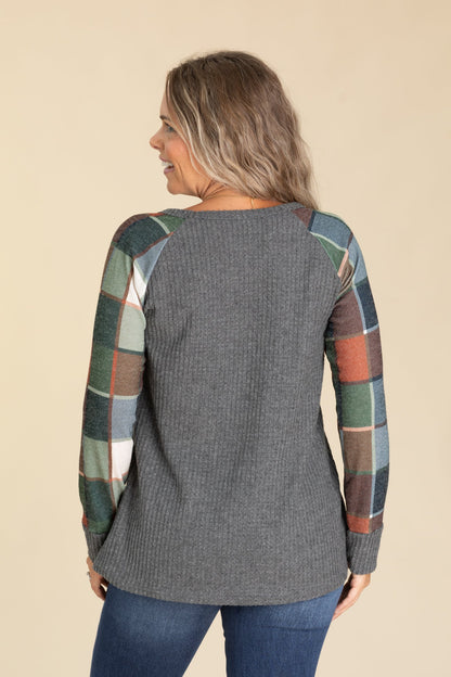 Charcoal Waffle And Plaid Knit Top With Pocket