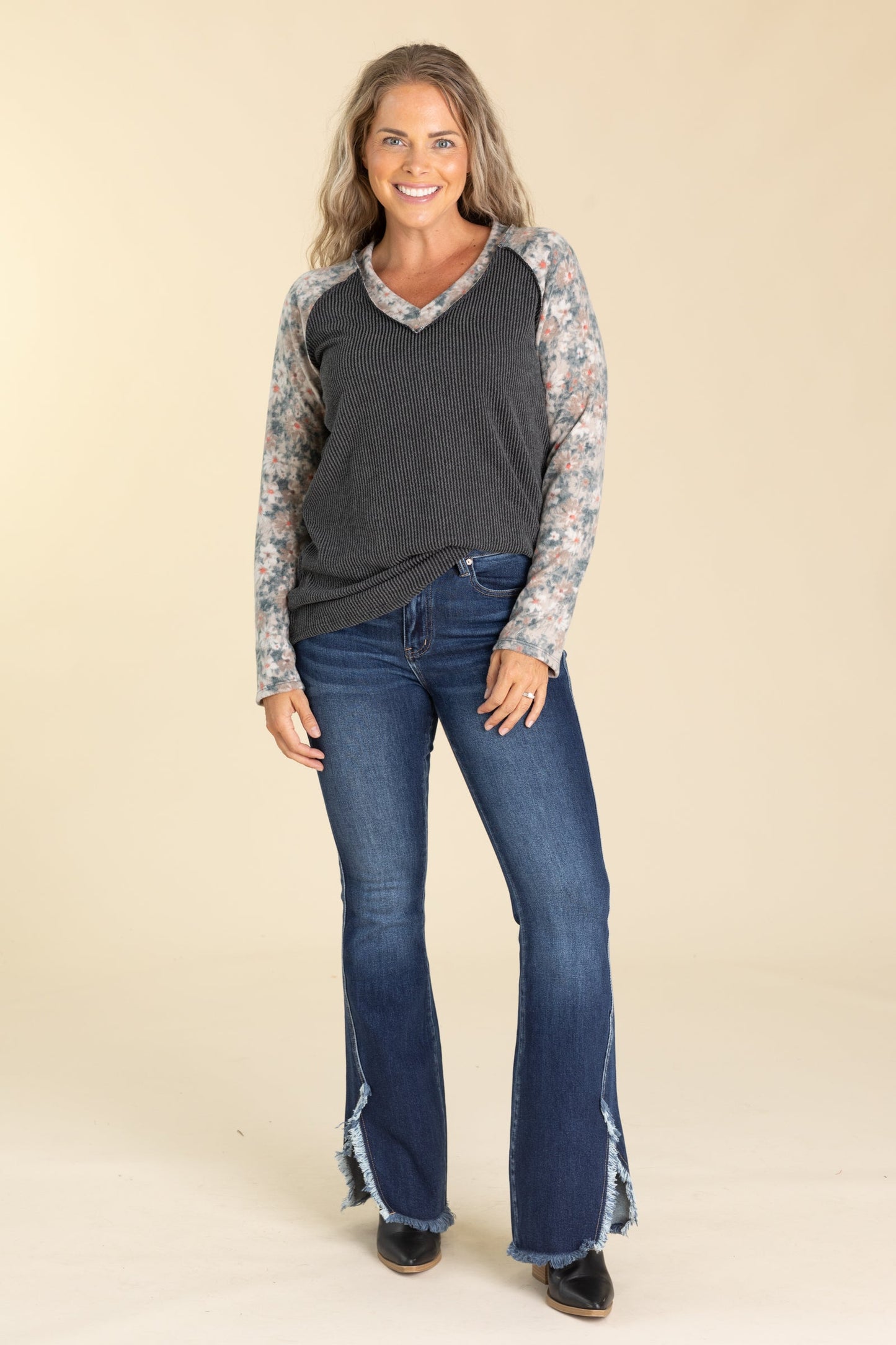 Charcoal Ribbed With Floral Sleeves Knit Top