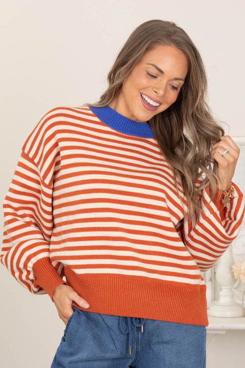 Burnt Orange Striped Crewneck Sweater Top
