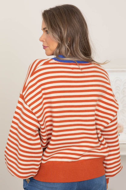 Burnt Orange Striped Crewneck Sweater Top