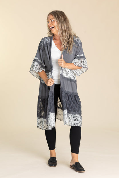 Charcoal Open Cardigan Shirring Ruffle Detail