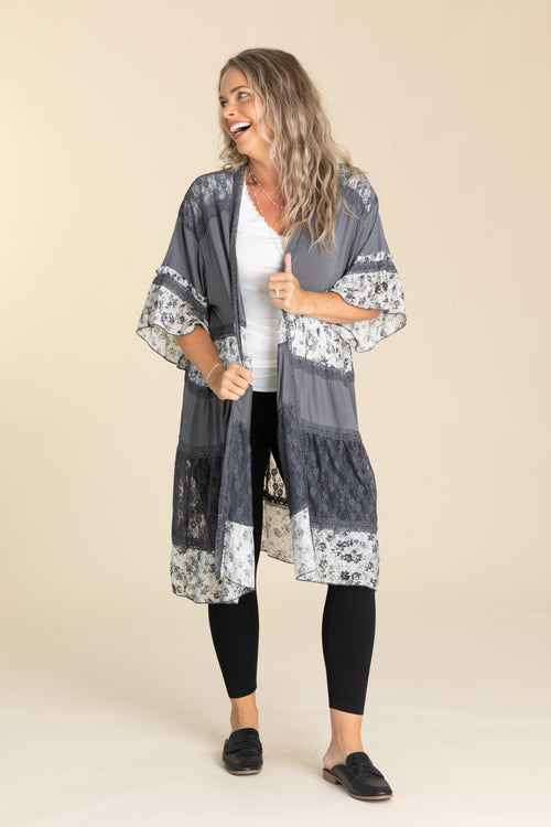 Charcoal Open Cardigan Shirring Ruffle Detail