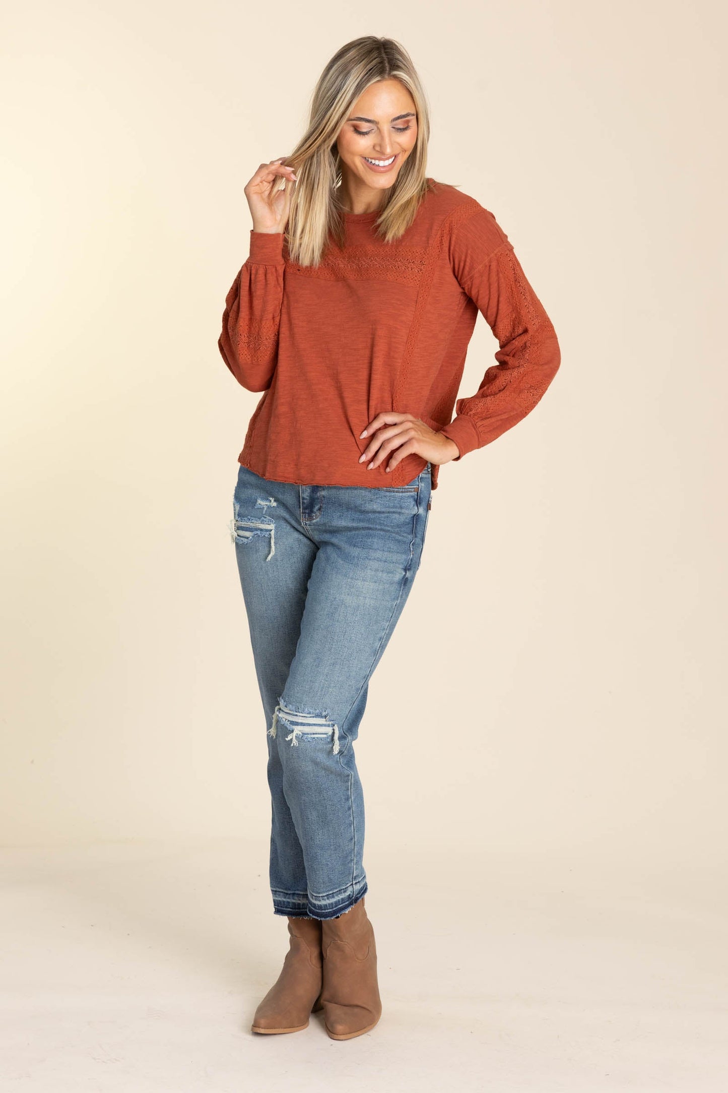 Burnt Orange Lace Detail Long Sleeve Knit Top