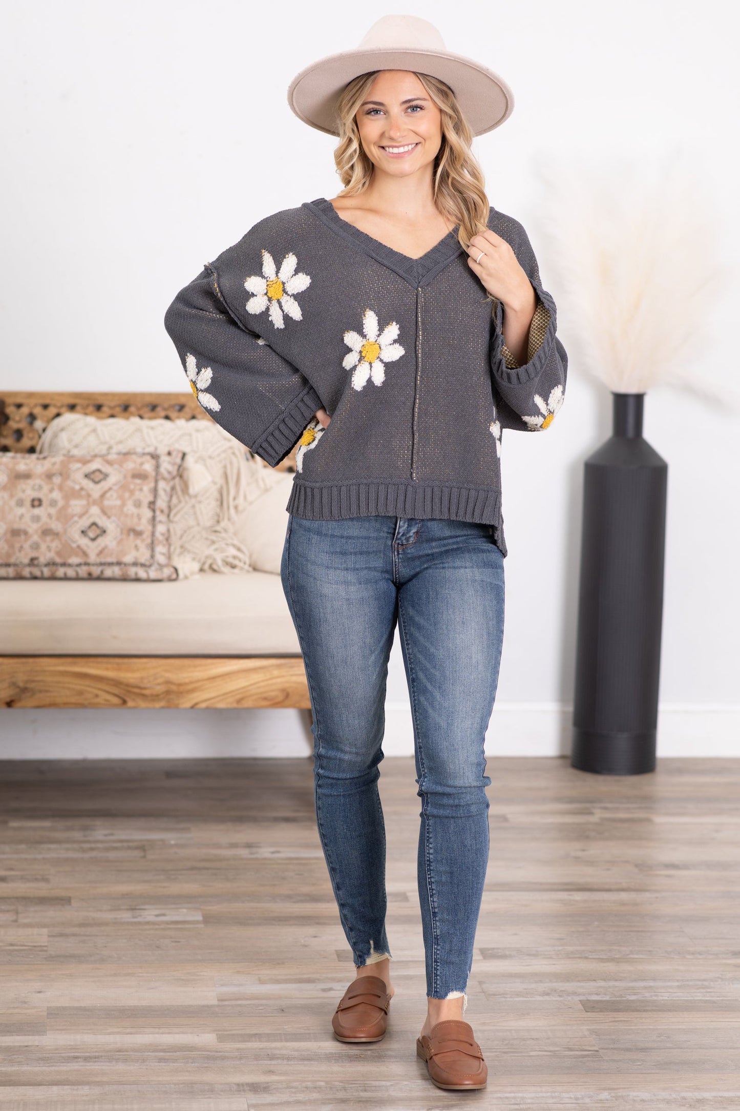 Charcoal Floral Intarsia Chenille Sweater