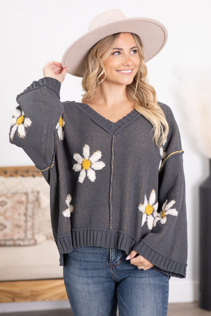 Charcoal Floral Intarsia Chenille Sweater