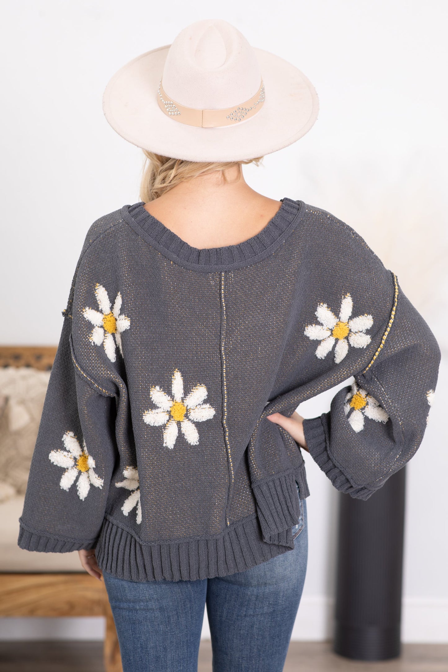 Charcoal Floral Intarsia Chenille Sweater