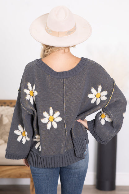 Charcoal Floral Intarsia Chenille Sweater