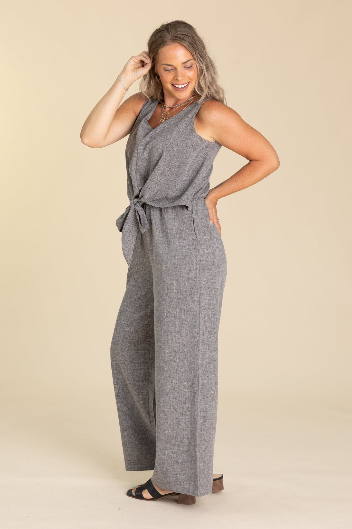 Charcoal Jumpsuit With Pockets And Front Twist