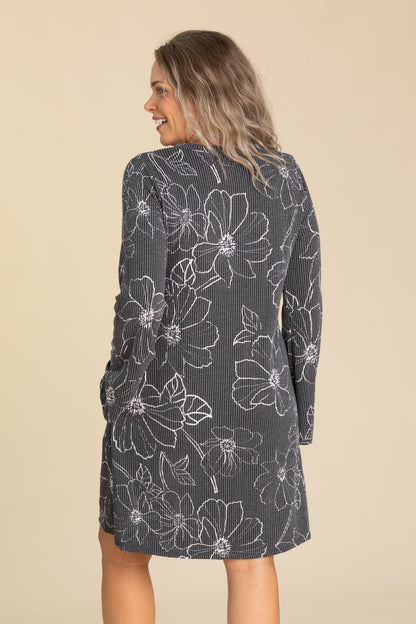 Charcoal Long Sleeve Floral Ribbed Dress