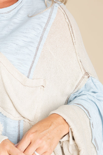 Contrast Balloon Long Sleeve Raw Edge Knit Top