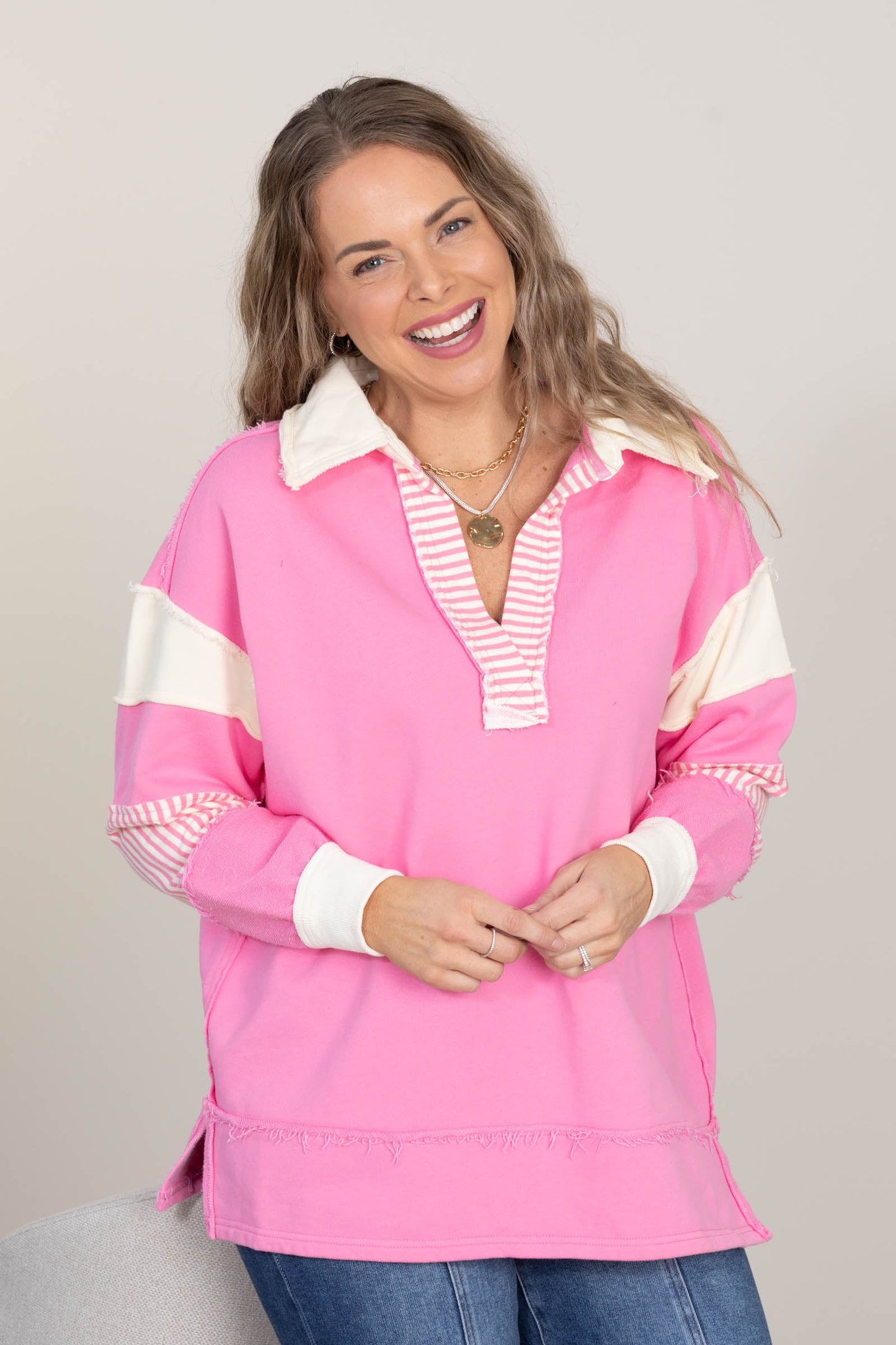 Bubble Gum Pink V-Neck Collared Knit Top