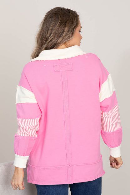 Bubble Gum Pink V-Neck Collared Knit Top