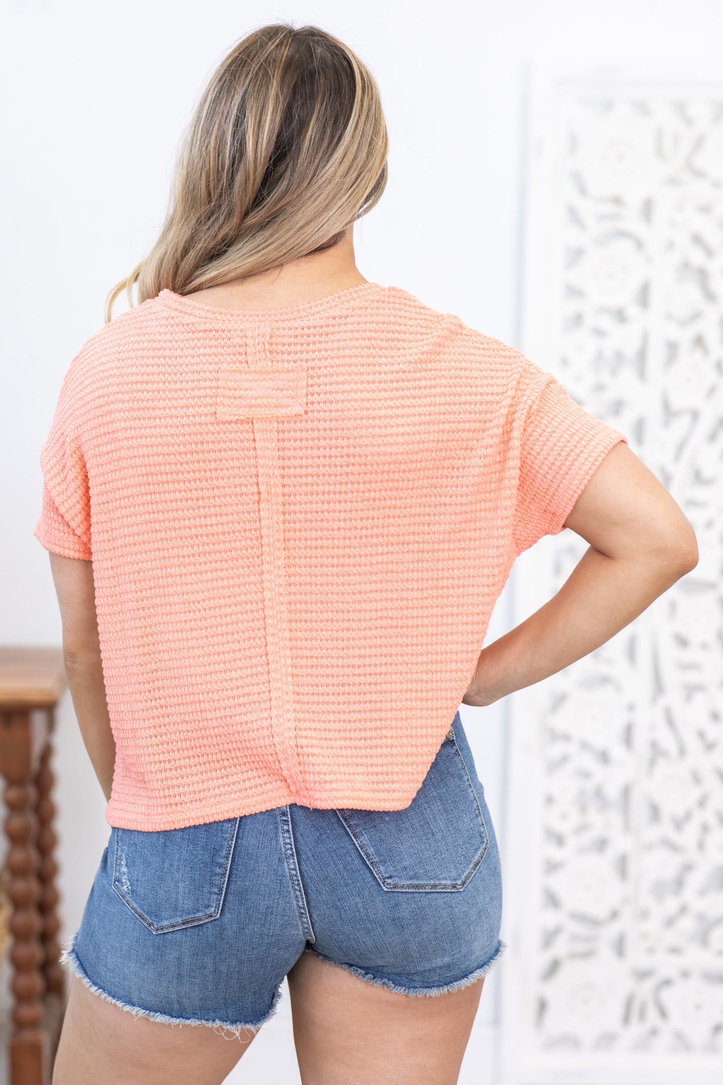 Coral Drop Shoulder Jacquard Knit Top