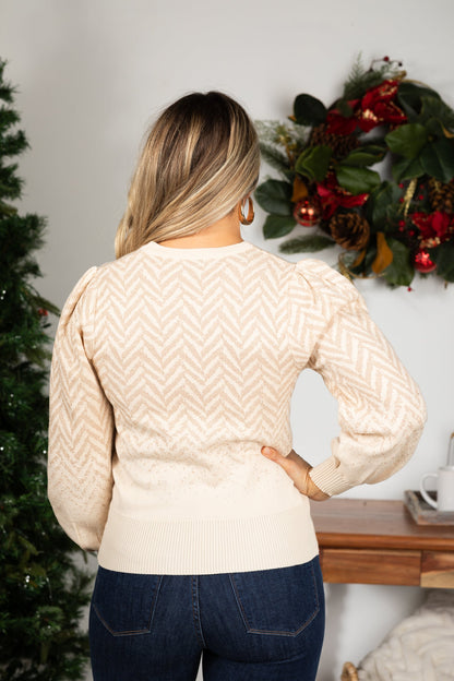Chevron Pattern Lurex Balloon Sleeve Sweater