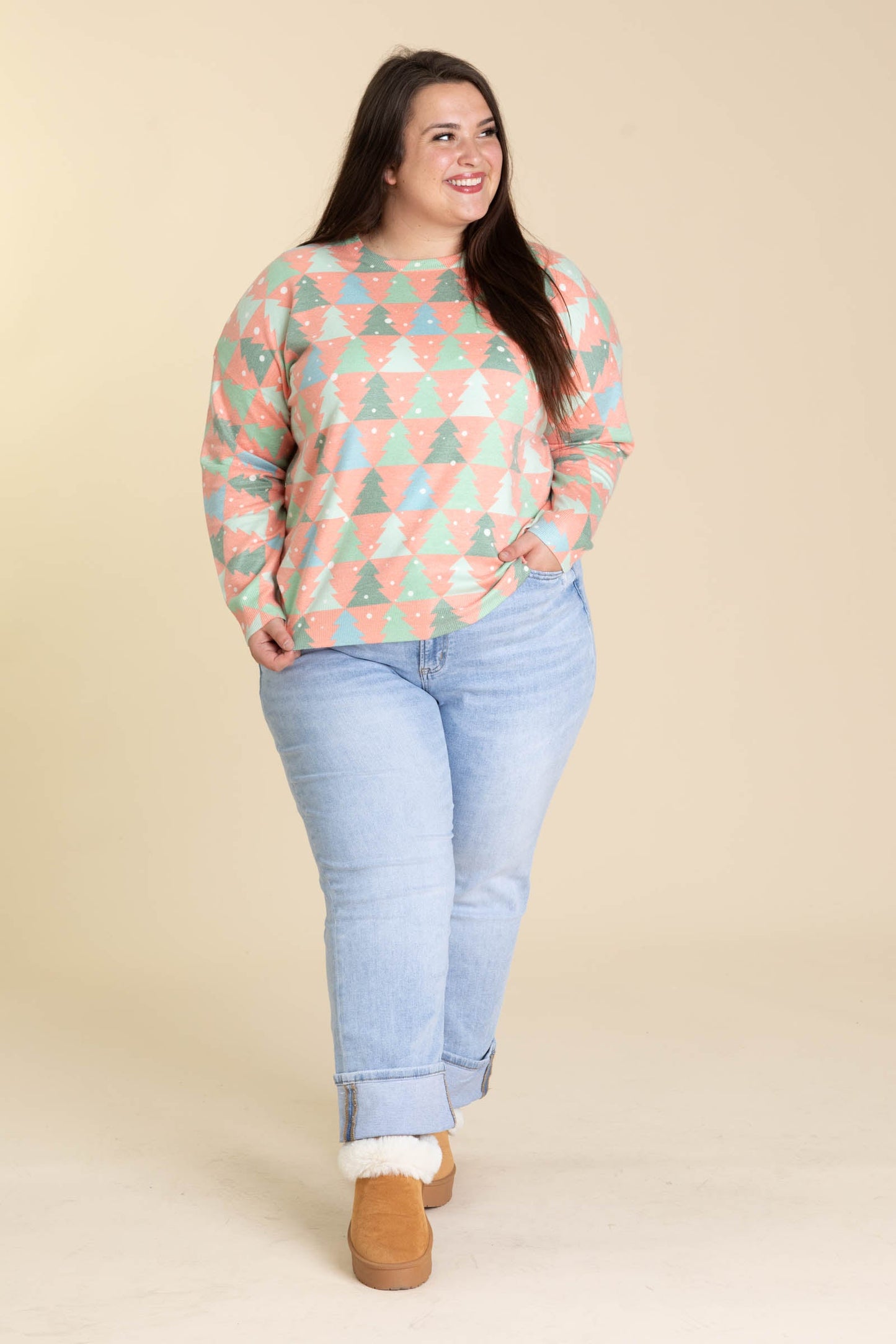 Coral Christmas Tree Pattern Knit Sweater Top