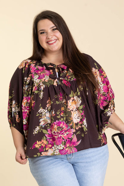 Brown Floral Printed Batwing Sleeve Woven Top