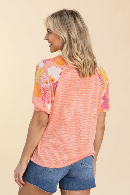 Coral Textured Floral Puff Sleeve Knit Top