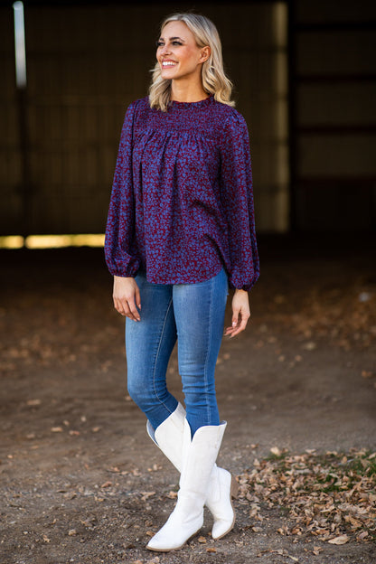 Burgundy and Blue Smocked Floral Print Top