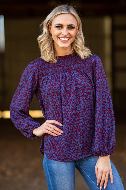Burgundy and Blue Smocked Floral Print Top