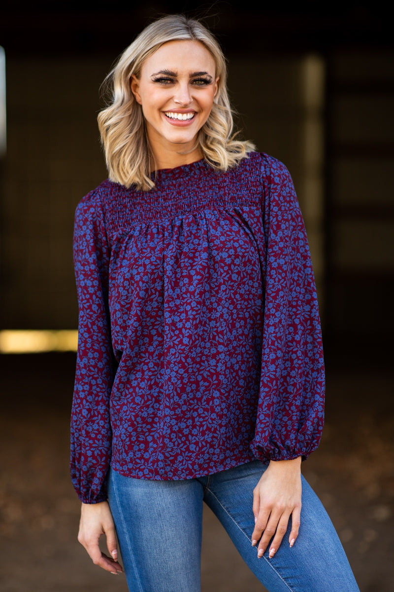 Burgundy and Blue Smocked Floral Print Top