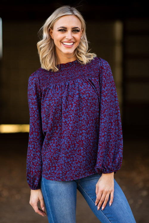 Burgundy and Blue Smocked Floral Print Top