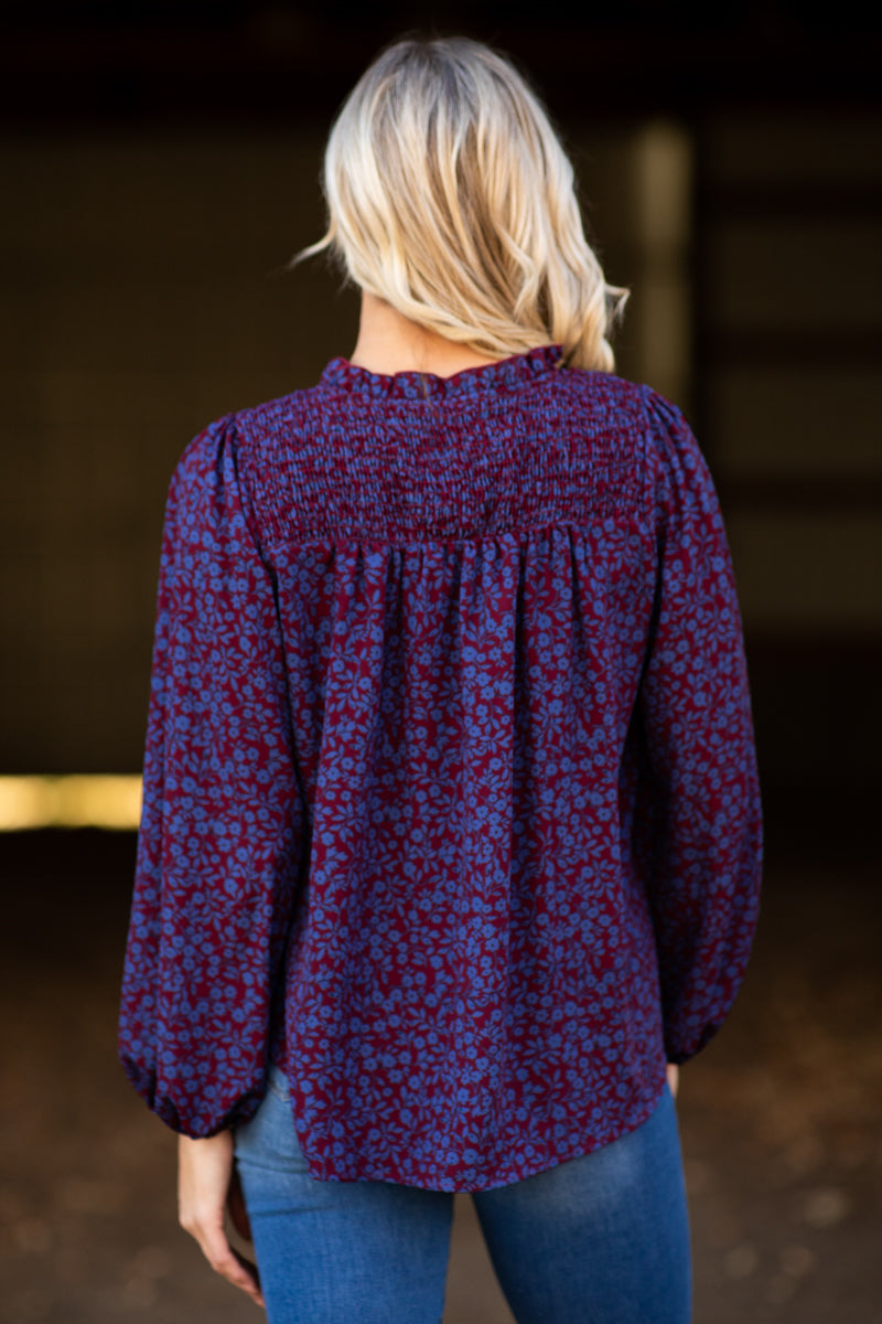 Burgundy and Blue Smocked Floral Print Top