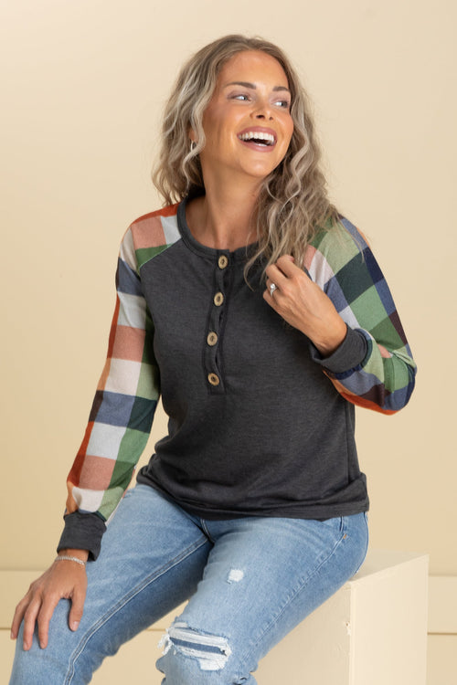 Charcoal Plaid Long Sleeve Knit Top