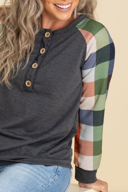 Charcoal Plaid Long Sleeve Knit Top