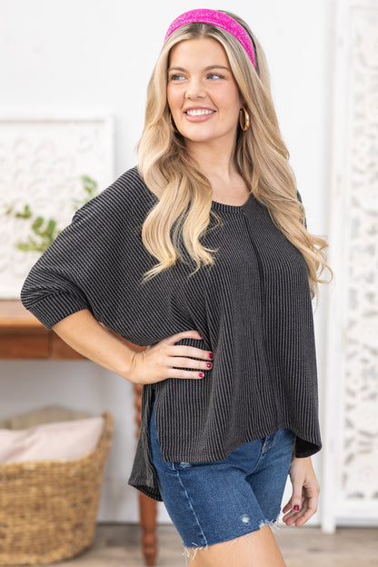 Charcoal Ribbed Dolman Sleeve V-Neck Top