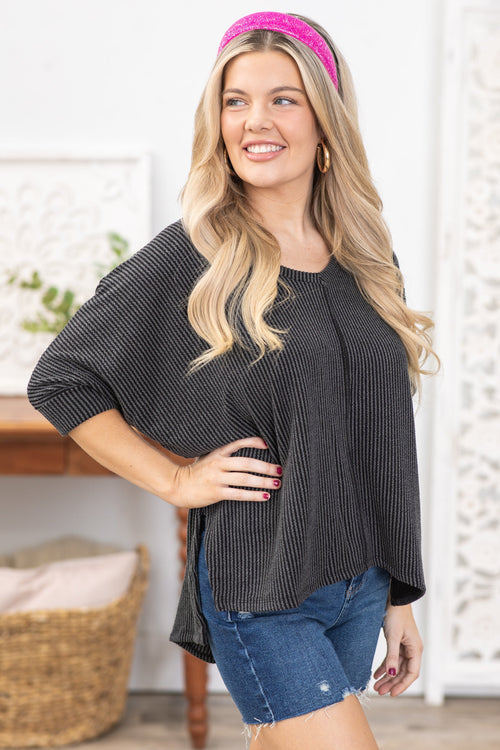 Charcoal Ribbed Dolman Sleeve V-Neck Top