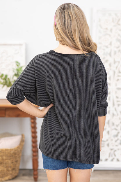Charcoal Ribbed Dolman Sleeve V-Neck Top