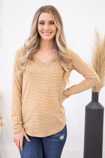 Cinnamon Stripe V-Neck Long Sleeve Top