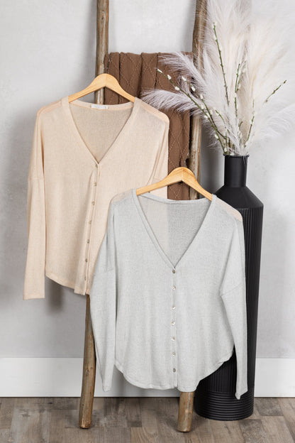 Button Front Melange Knit Long Sleeve Top