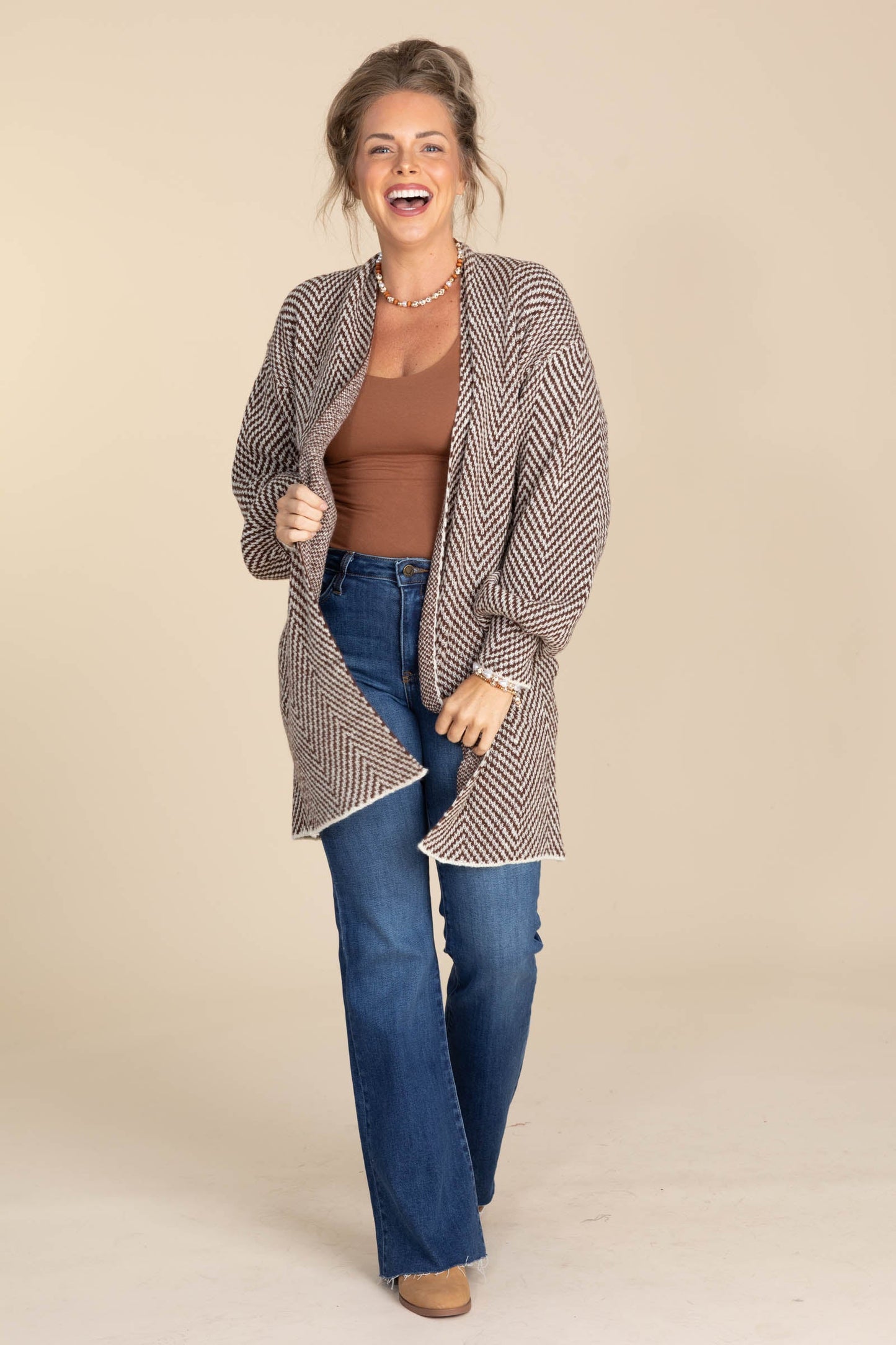 Brown Herringbone Sweater Cardigan
