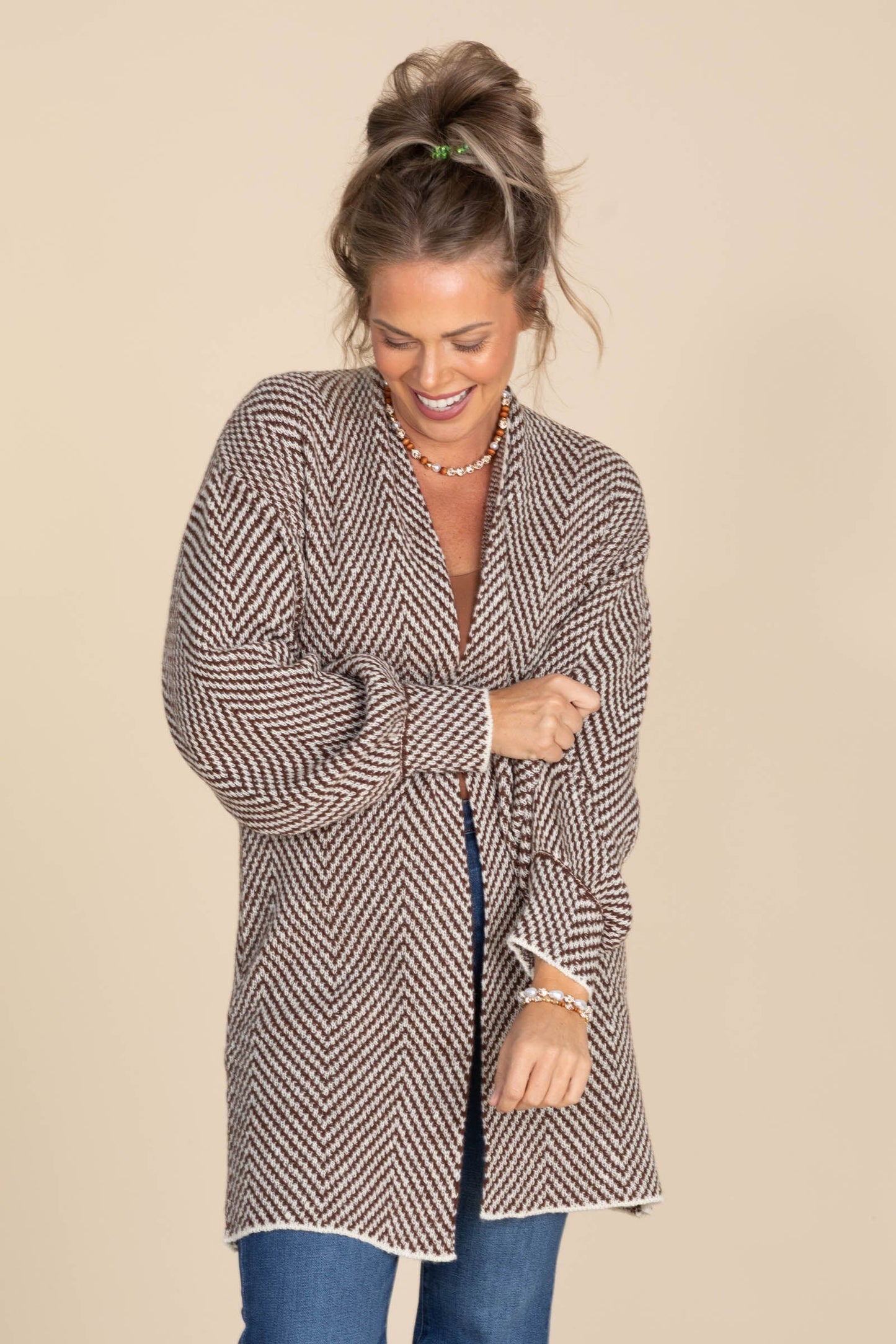 Brown Herringbone Sweater Cardigan