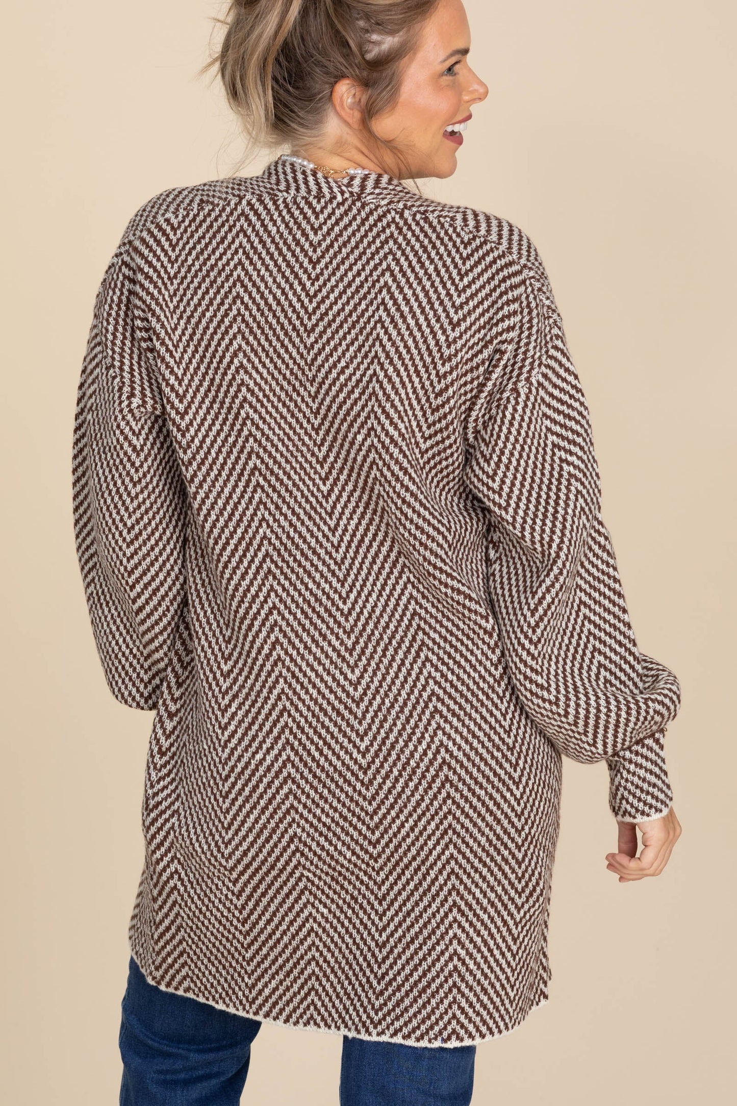 Brown Herringbone Sweater Cardigan