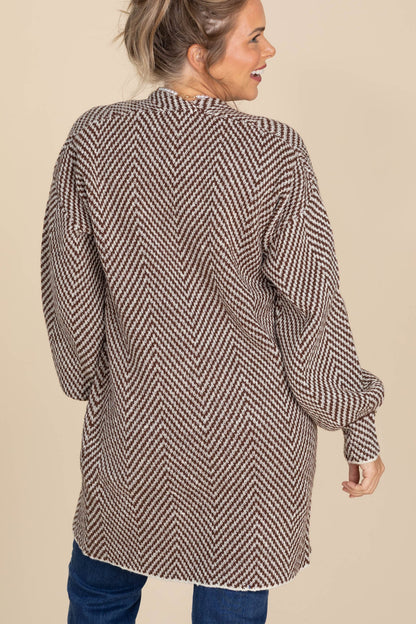 Brown Herringbone Sweater Cardigan