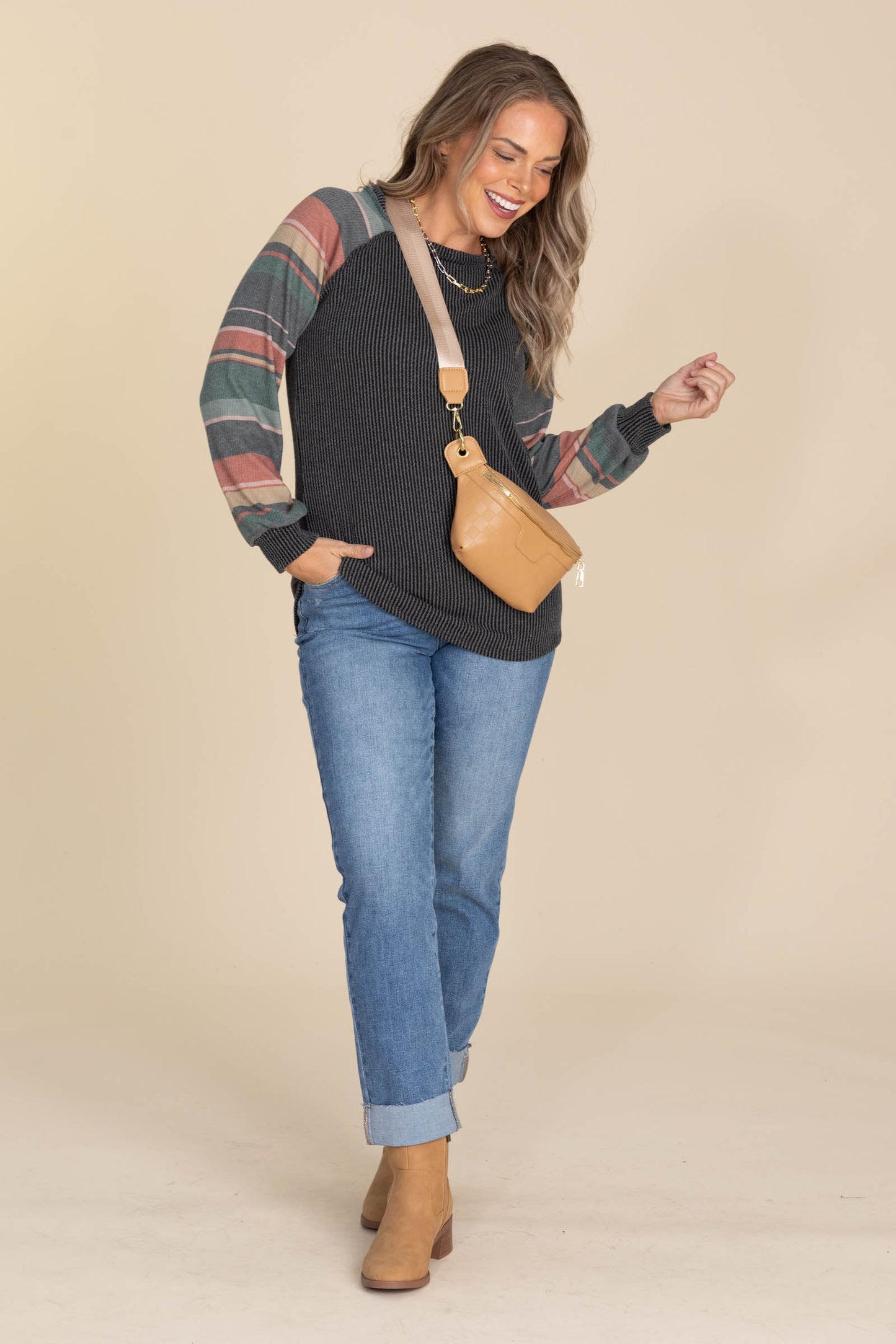 Charcoal Rib Knit Top With Multicolor Sleeves