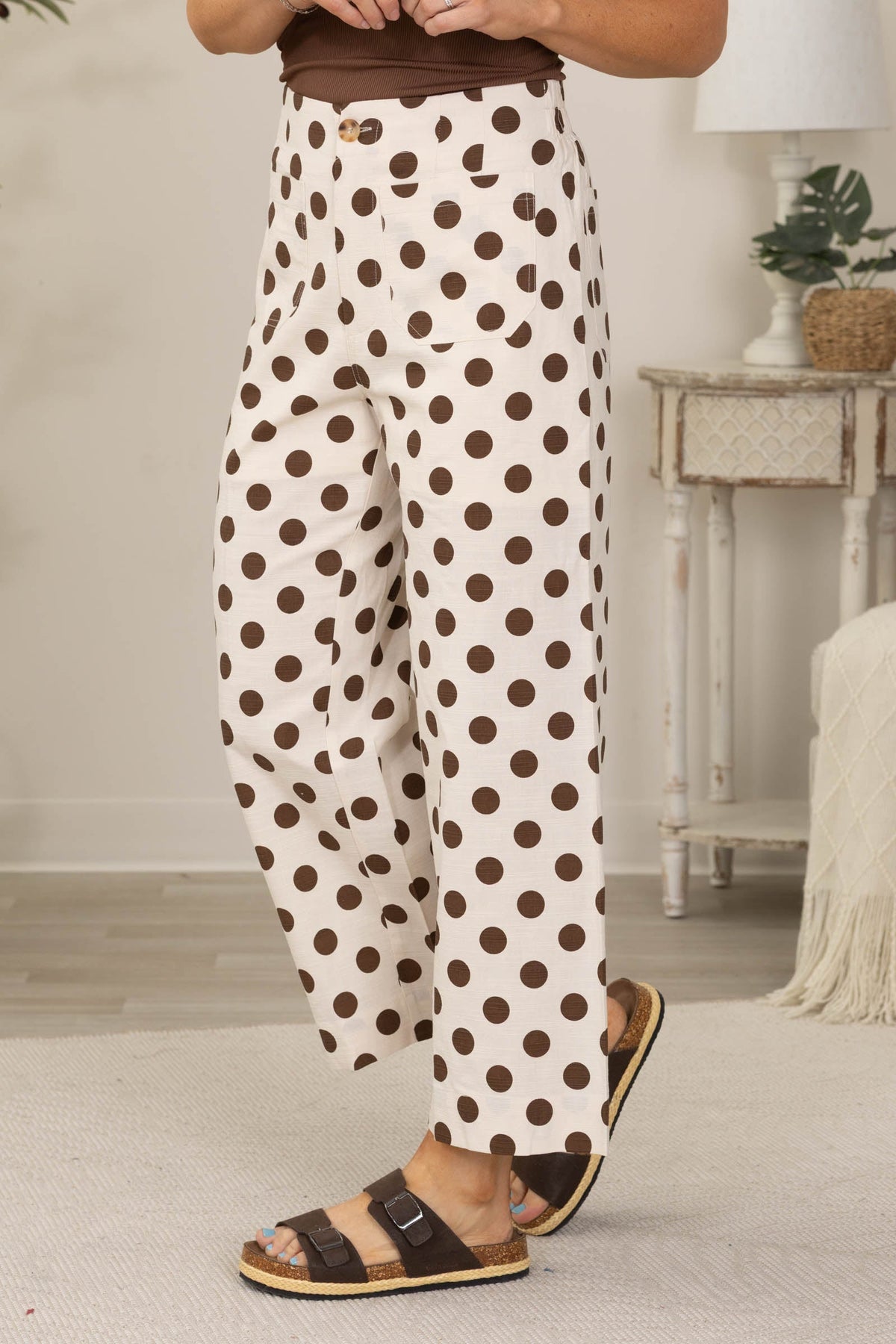 Brown Polka Dot Front Pocket Pants