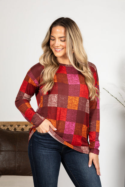 Burgundy Checker Plaid Soft Hacci Knit Top