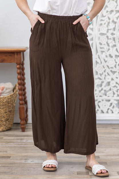 Brown Woven Crinkle Wide Leg Pants