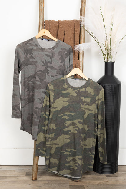 Camo Print Long Sleeve Knit Top